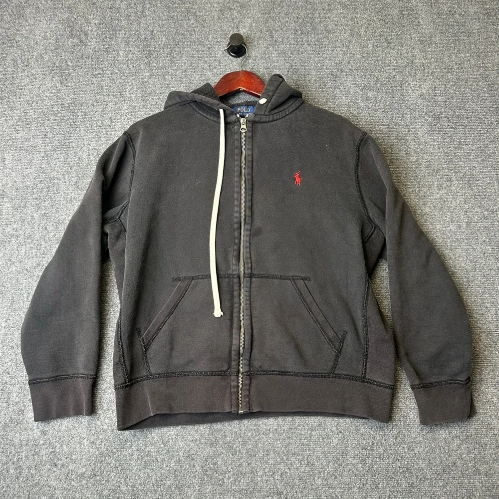 Polo Ralph Lauren Full Zip Hoodie Mens Large Black Red Pony Logo Full Zip Fleece